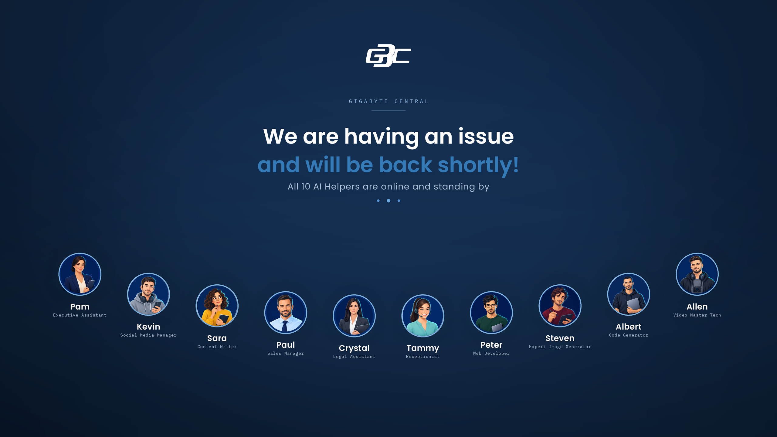 Gigabyte Central status graphic showing the logo, a return message, and ten AI helper portraits